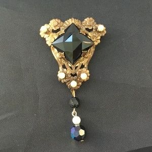 Vintage Pin Brooch Jet Pearls Gold Tone 3" long